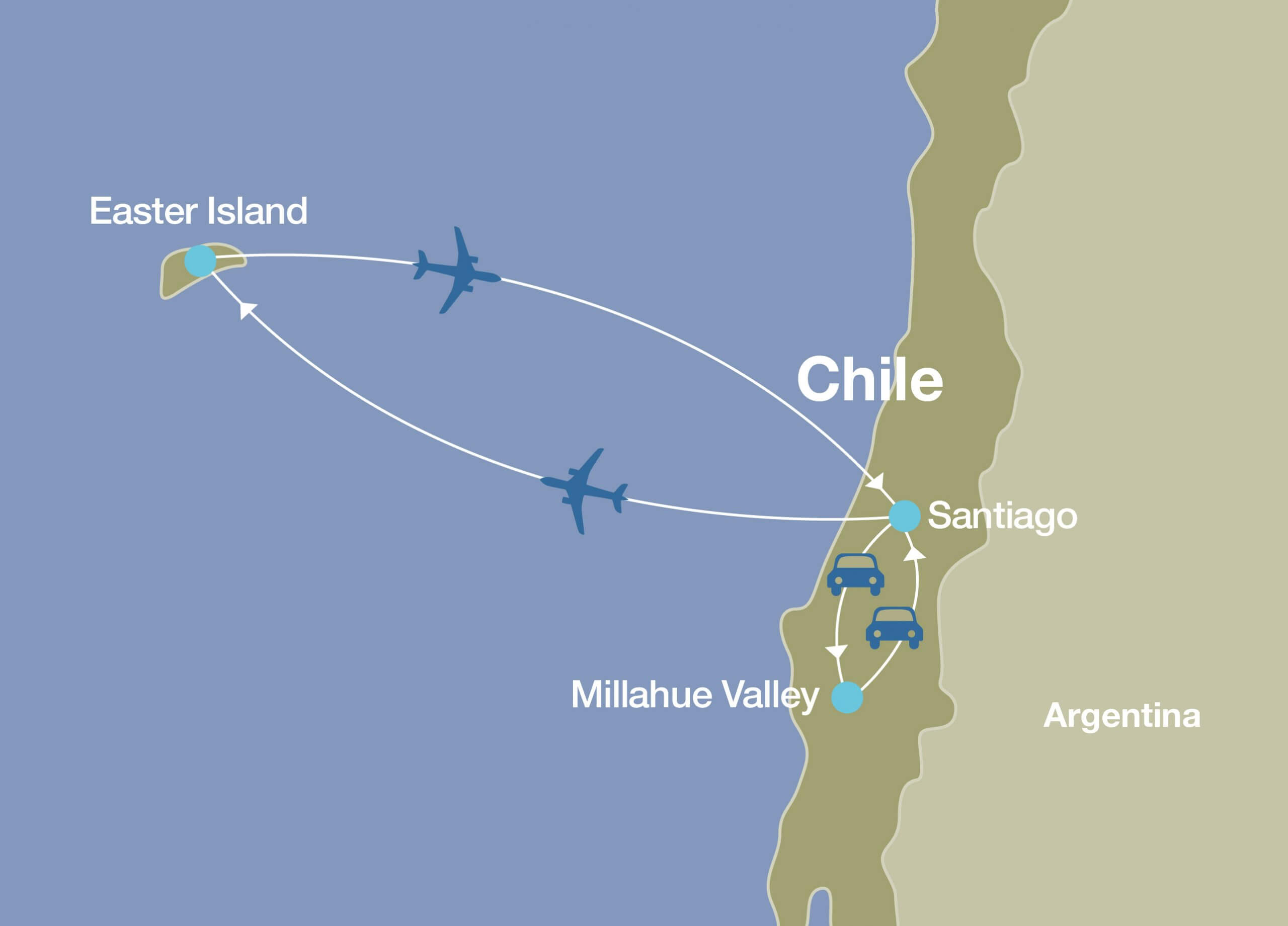 Map showing route, destinations, and methods of transportation of luxury Easter Island Tour in Chile