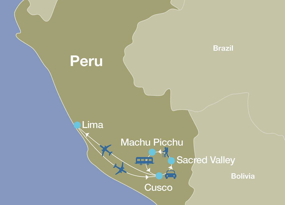 Map showing route, destinations, and methods of transportation of luxury Peru tour